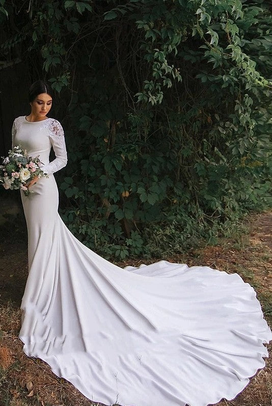 mermaid long sleeve wedding dresses Long Sleeves Mermaid Soft Satin Classic Bridal Gown – TANYA BRIDAL