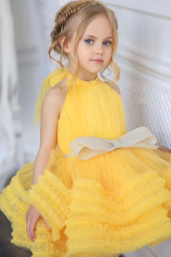 Yellow Baby Bow Puffy Flower Girl Dresses