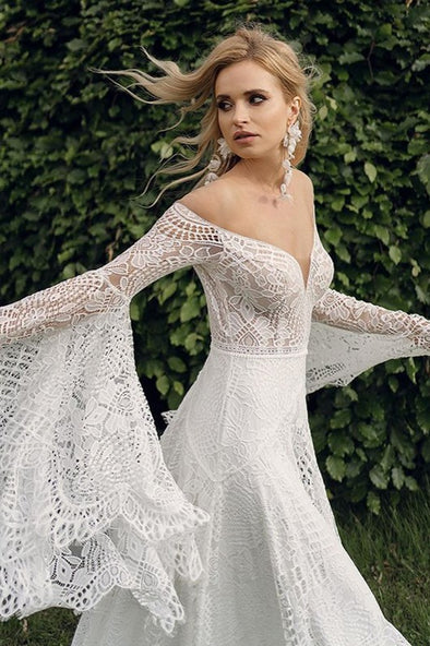 Bohemian Long Flare Sleeves V Neck A Line Foral Lace Wedding Dress SPF078