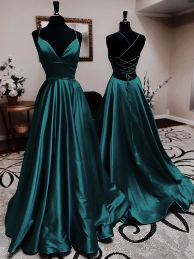 Green Long Prom Dresses V Neck Cross Back