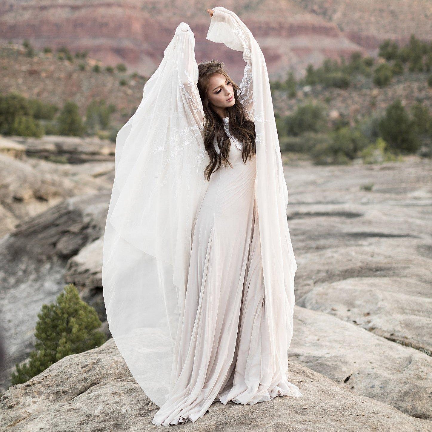 Bohemian Wedding Dresses Lace Neck Long Bell Sleeves TANYA BRIDAL Bohemian Wedding Dresses Lace Neck Long Bell Sleeves TANYA BRIDAL