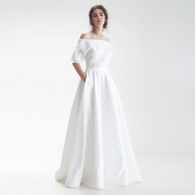 Boat Neck Wedding Dress with Half Sleeves