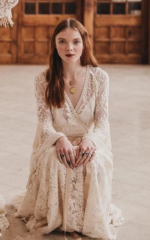 Bohemia Two pieces Lace Wedding Dress Flare Sleeve Tassel Bohho Weddin – TANYA BRIDAL Bohemia Two pieces Lace Wedding Dress Flare Sleeve Tassel Bohho Weddin – TANYA BRIDAL