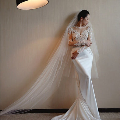 Mermaid Vintage Satin Wedding Dress Lace Appliques Sheer Sleeves Bridal Dress