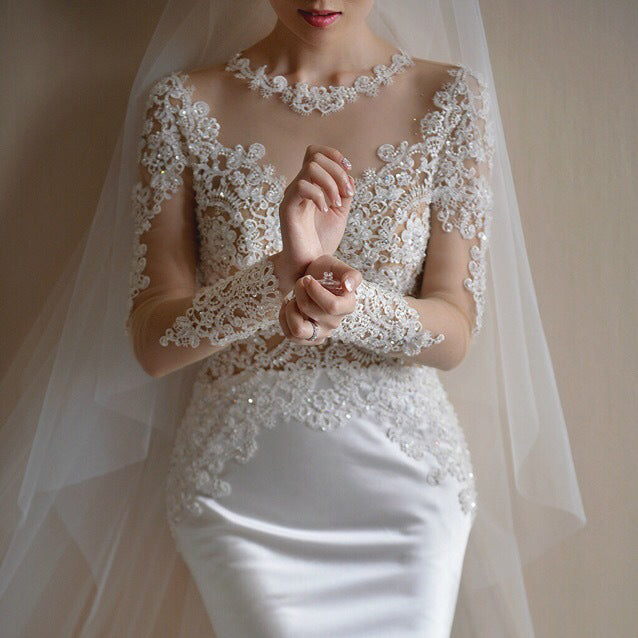 vintage satin wedding dresses Mermaid Vintage Satin Wedding Dress Lace Appliques Sheer Sleeves Brida – TANYA BRIDAL