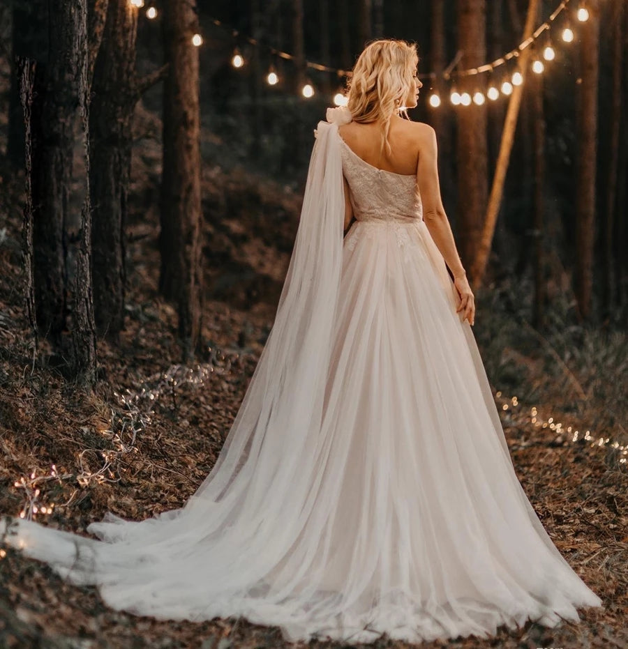 One Shoulder Applique Lace Wedding Dresses Sweep Train TBW82 TANYA BRIDAL One Shoulder Applique Lace Wedding Dresses Sweep Train TBW82 TANYA BRIDAL
