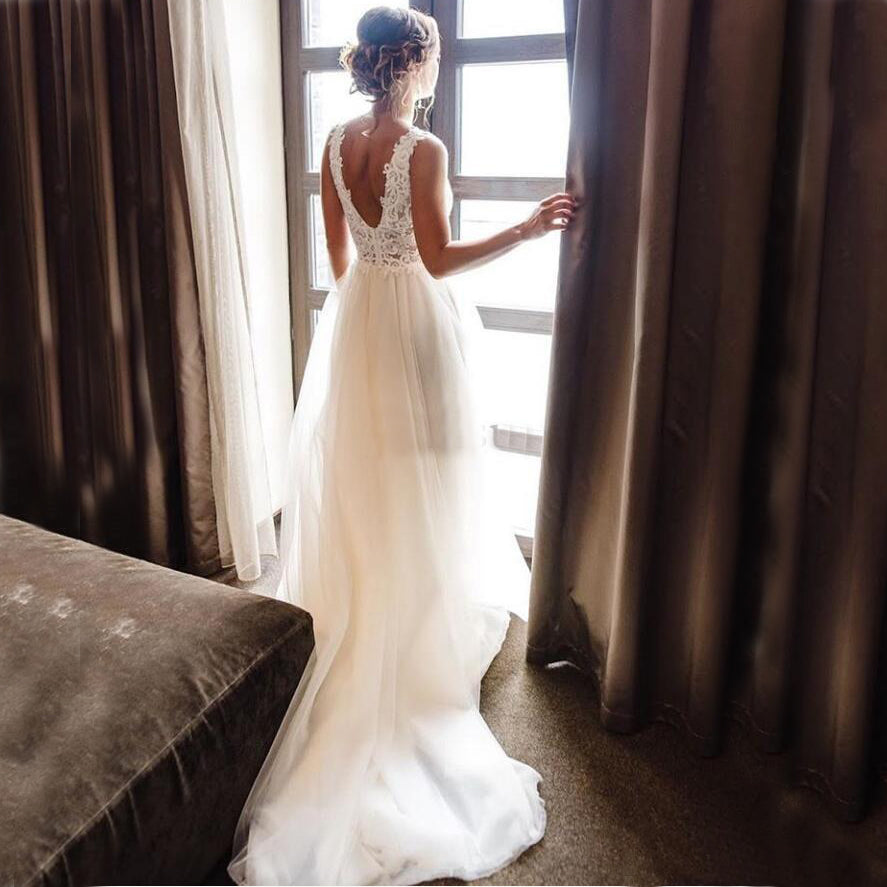 V Neck Backless Sweep Train Garden Beach Bridal Gowns TANYA BRIDAL V Neck Backless Sweep Train Garden Beach Bridal Gowns TANYA BRIDAL