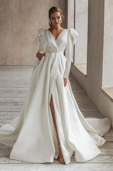 New Fashion Mika Satin A Line V Neck Crew Long Sleeves Wedding Dresses Split