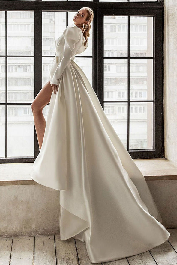 New Fashion Mika Satin A Line V Neck Crew Long Sleeves Wedding Dresses Split