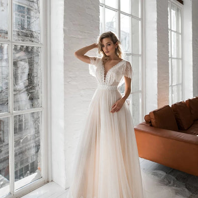 V-Neck Backless Beach Lace Wedding Dress – TANYA BRIDAL