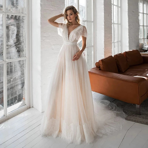 V-Neck Backless Beach Lace Wedding Dress