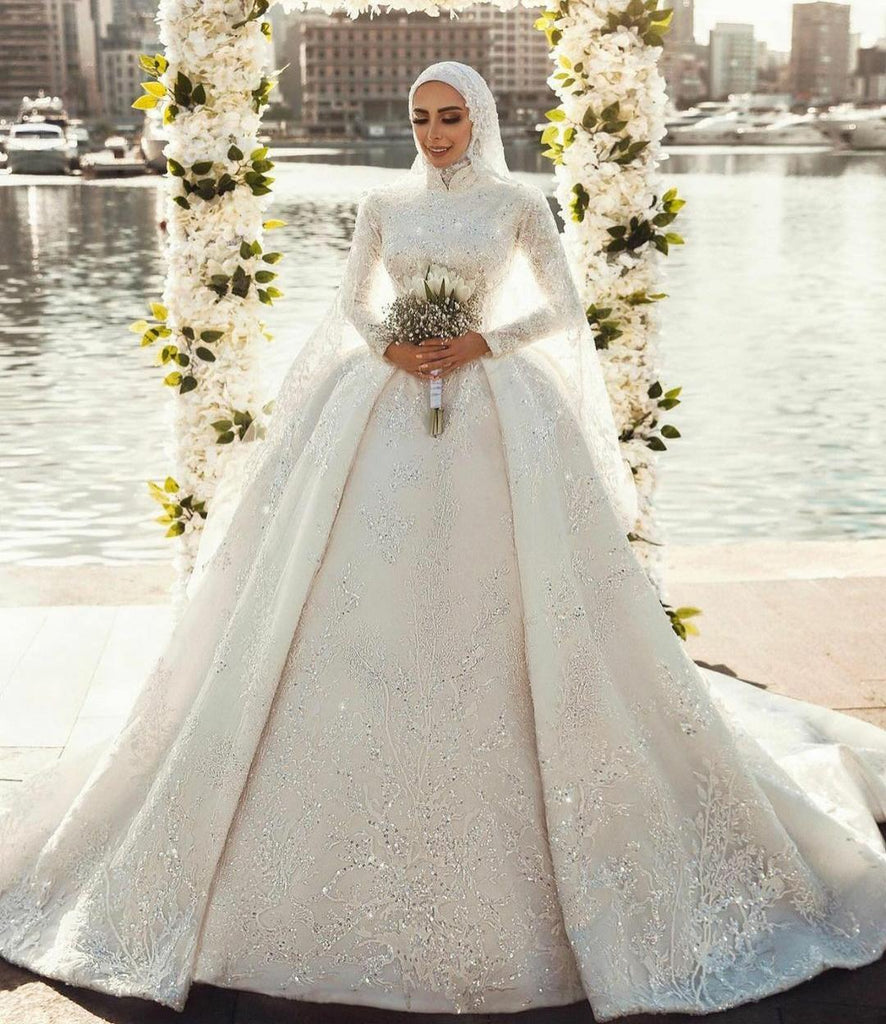 Long Sleeves Ball Gowns Flower Wedding Dresses Hijab For Muslim Arabic –  alinanova