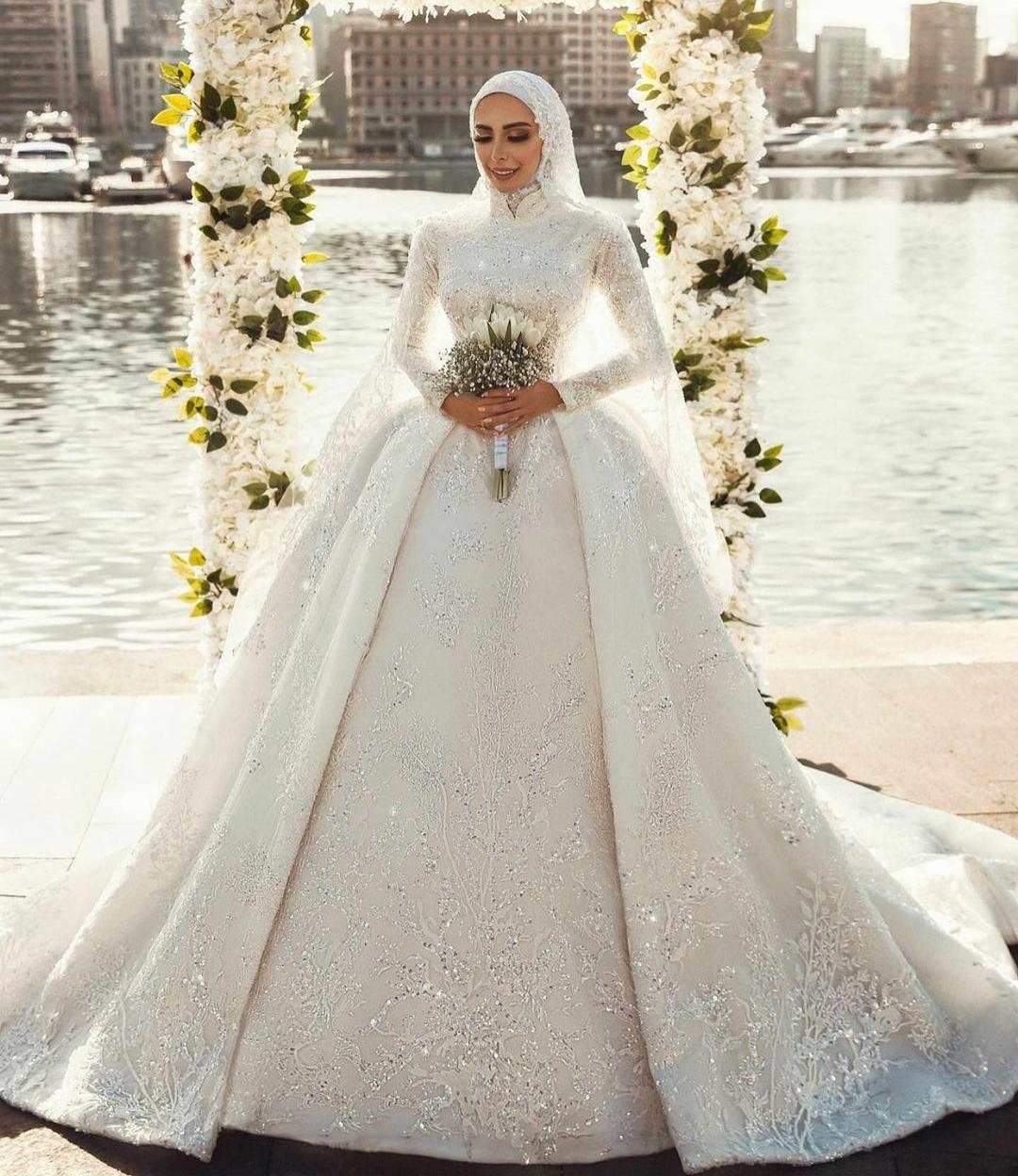 Luxury Lace Muslim Wedding Dresses White Long Sleeves High Neck Bridal  Wedding Gowns Ruffles Long Dress With Train - Wedding Dresses - AliExpress