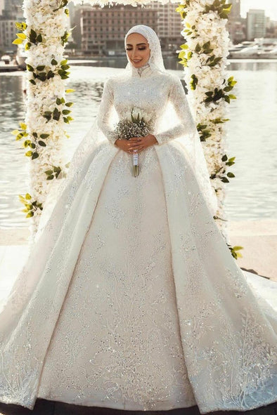 Lace Sequined Muslim Wedding Dresses With Hijab