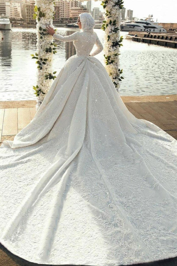 Lace Sequined Muslim Wedding Dresses With Hijab