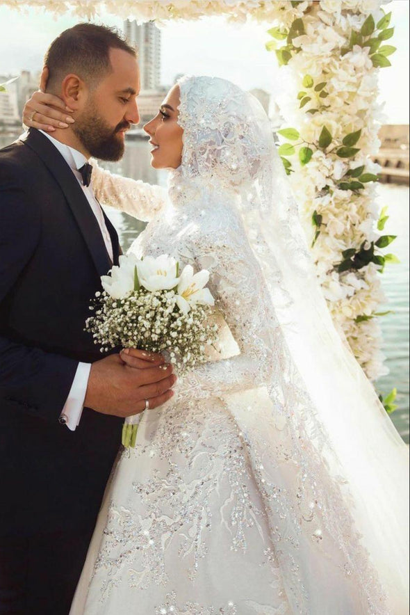 Muslim Wedding Dresses Lace Sequined Long Sleeve With Hijab