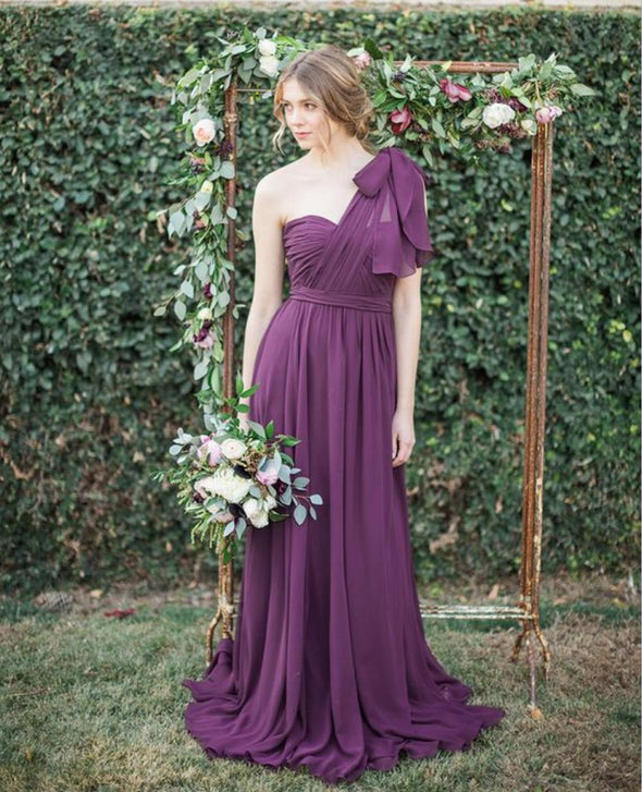 A Line Long Chiffon One Shoulder Purple Bridesmaid Dresses Party Gown