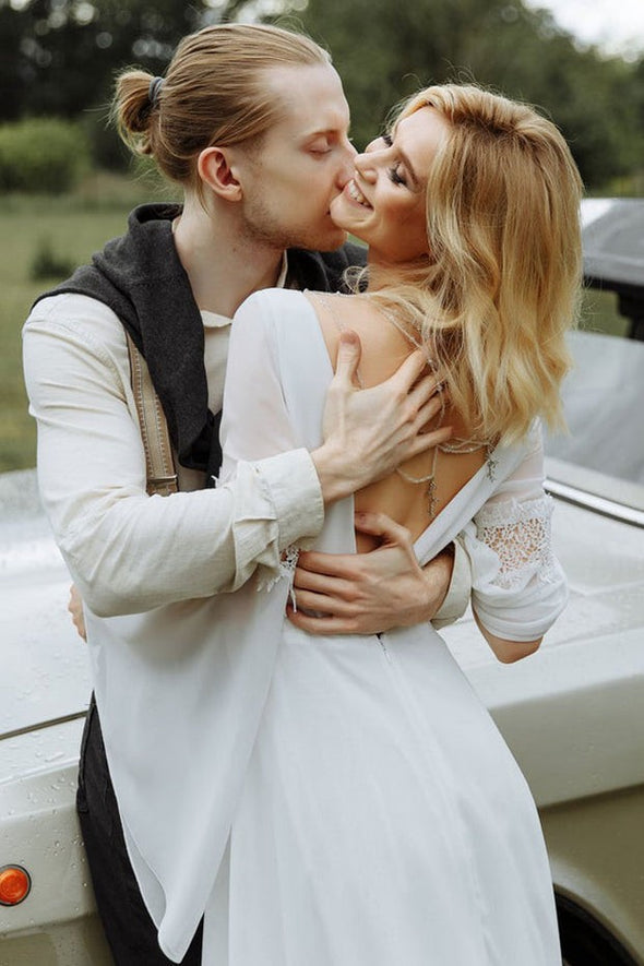 V Neck Back Flare Sleeves Chiffon Wedding Dresses A Line