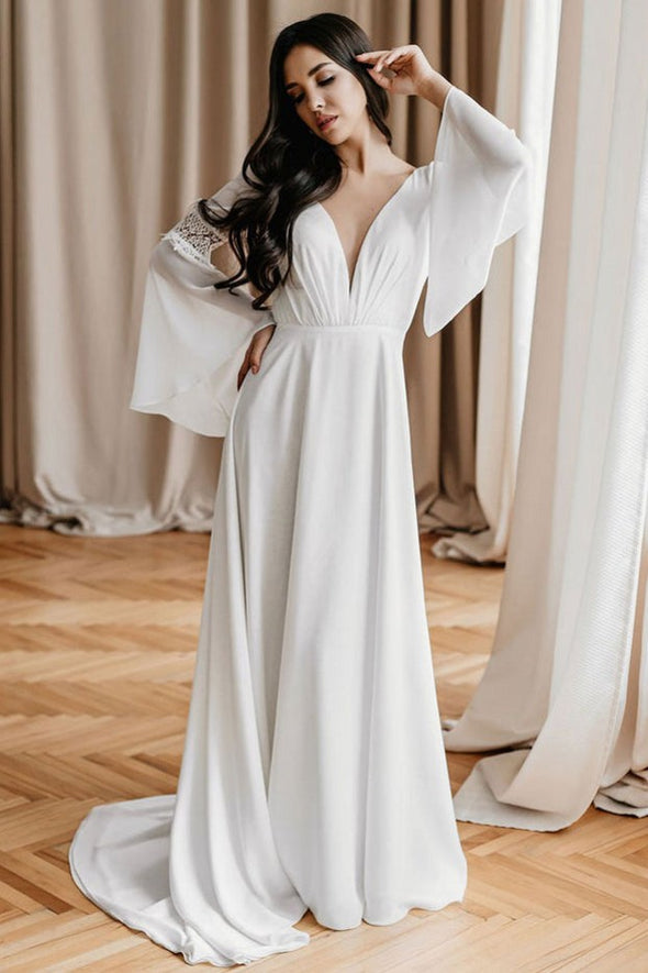 V Neck Back Flare Sleeves Chiffon Wedding Dresses A Line