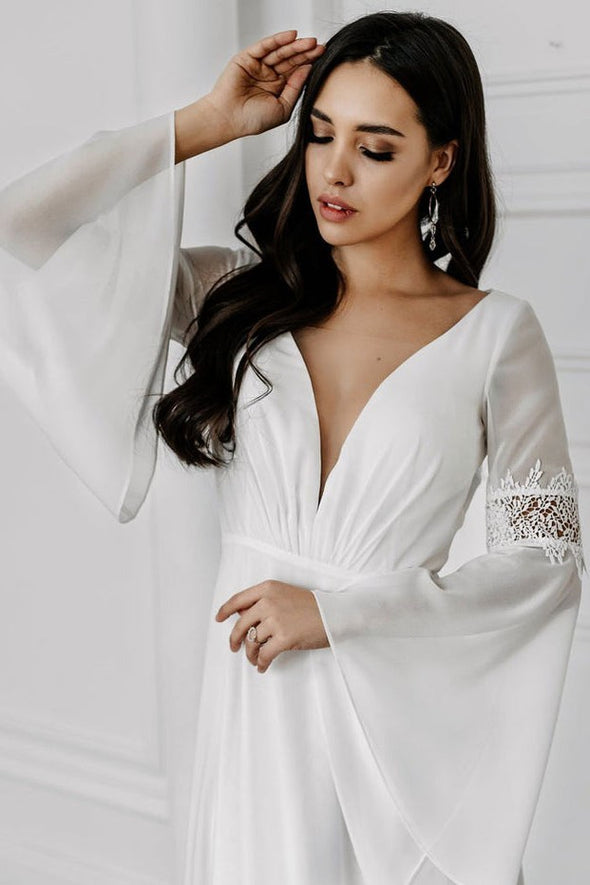 V Neck Back Flare Sleeves Chiffon Wedding Dresses A Line