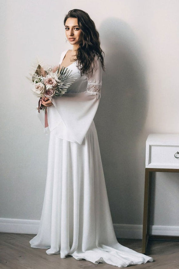 V Neck Back Flare Sleeves Chiffon Wedding Dresses A Line
