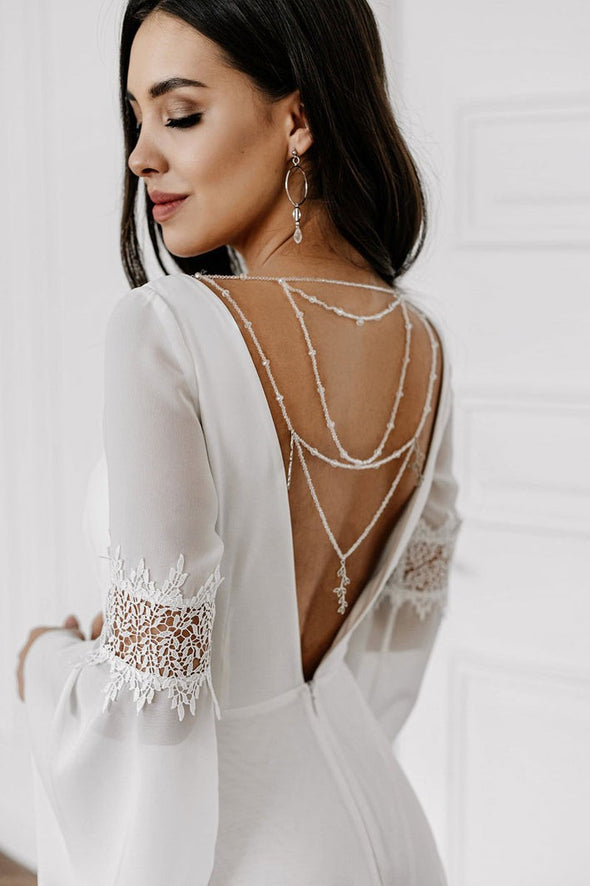 V Neck Back Flare Sleeves Chiffon Wedding Dresses A Line