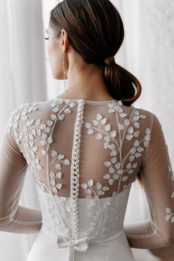 Floral Lace Chic Elegant Illusion Neck A Line Satin Wedding Dresses