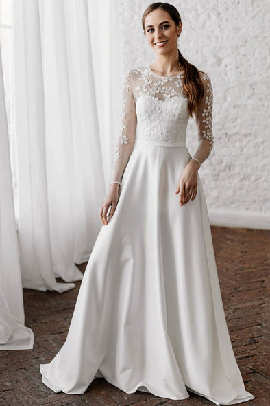 Floral Lace Chic Elegant Illusion Neck A Line Satin Wedding Dresses