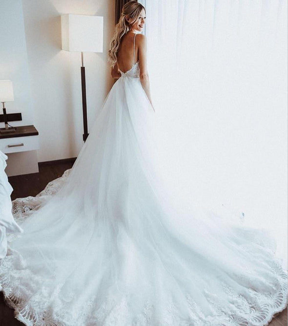 Long Train Backless Lace Tulle Wedding Dress TB1423