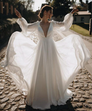 V Neck Long Sleeves Simple Chiffon Wedding Gown