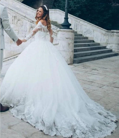 Lace Tulle Ball Gown Wedding Dresses Long Sleeves