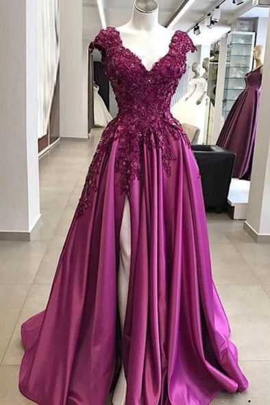 Lace Flower High Slit Evening Dresses