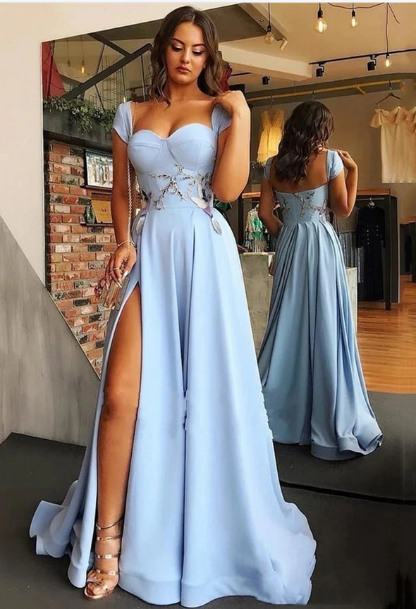 Sky Blue Evening Dresses Sexy High Side Split