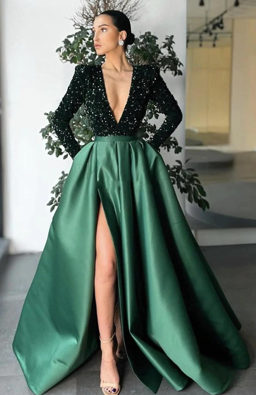Sexy Deep V Elegant Evening Dresses With Long Sleeve TANYA BRIDAL Sexy Deep V Elegant Evening Dresses With Long Sleeve TANYA BRIDAL
