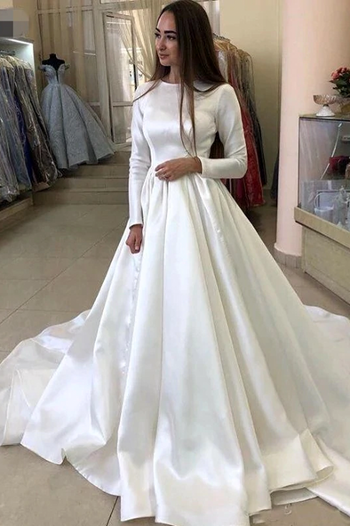 Satin A Line Long Sleeve Muslim Wedding Dresses Chapel Train