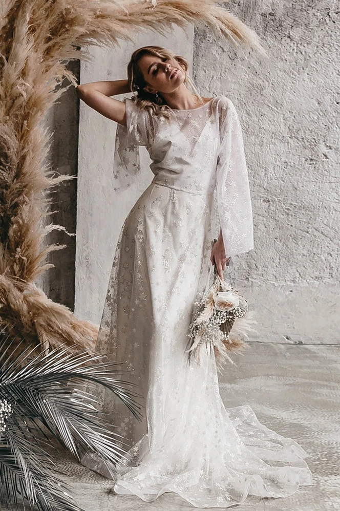 boho glitter wedding dress Flare Sleeve Sparkly Star Bohemian Wedding Dresses DW583 -