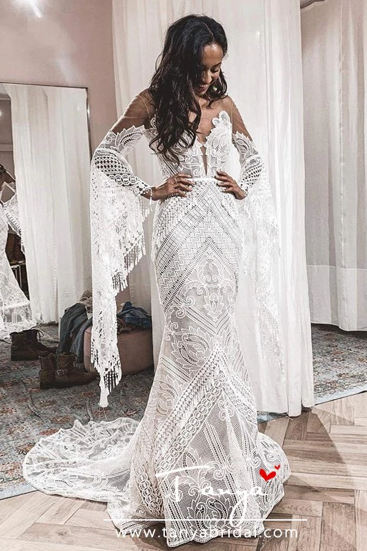 Flare Long Sleeves Lace Wedding Dresses Symphony Bridal Gowns DW227 - Flare Long Sleeves Lace Wedding Dresses Symphony Bridal Gowns DW227 -