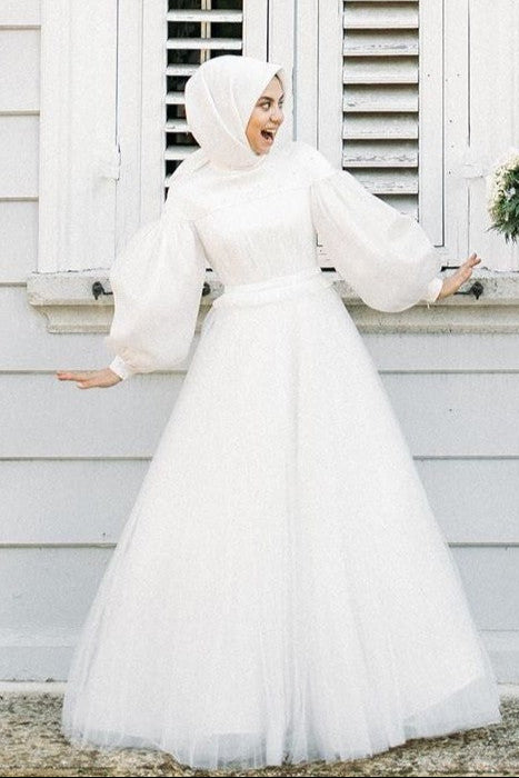 White Pearls Elegant Muslim Wedding Dresses DQG1118