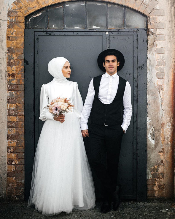 Simple Long Sleeves Wedding Dress Muslim Bridal Gown DQG1119