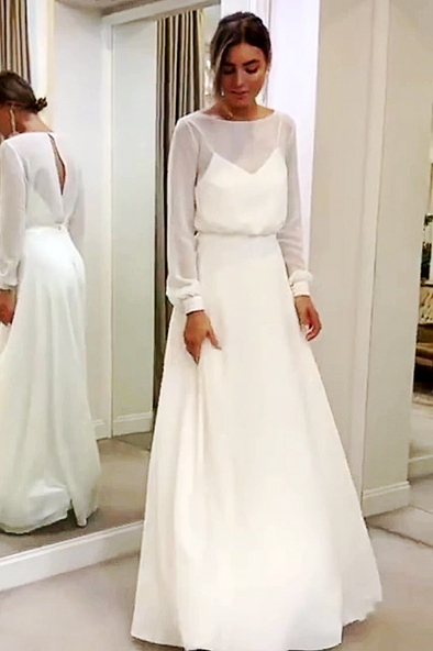 Bohemian Simple Long Sleeves Wedding Dress A Line Open Back Modest