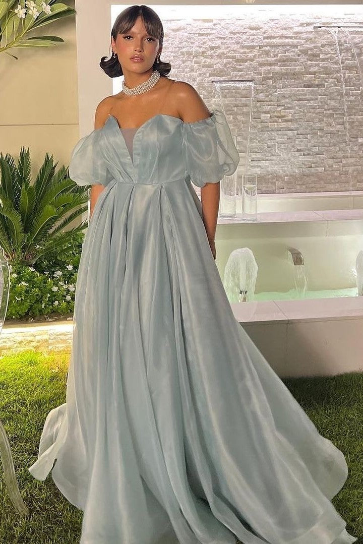 Dusty Blue Organza Long A Line Off The Shoulder Prom Gown TANYA BRIDAL Dusty Blue Organza Long A Line Off The Shoulder Prom Gown TANYA BRIDAL