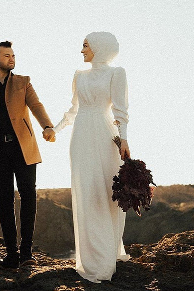 Vintage Simple A Line Muslim Wedding Dresses Elegant Bride Gown