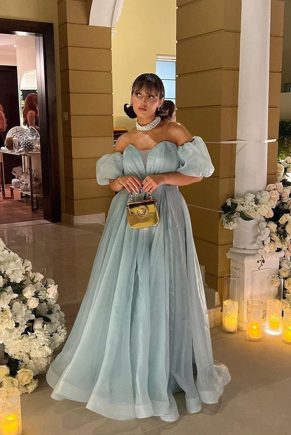 Dusty Blue Organza Long A Line Off The Shoulder Prom Gown