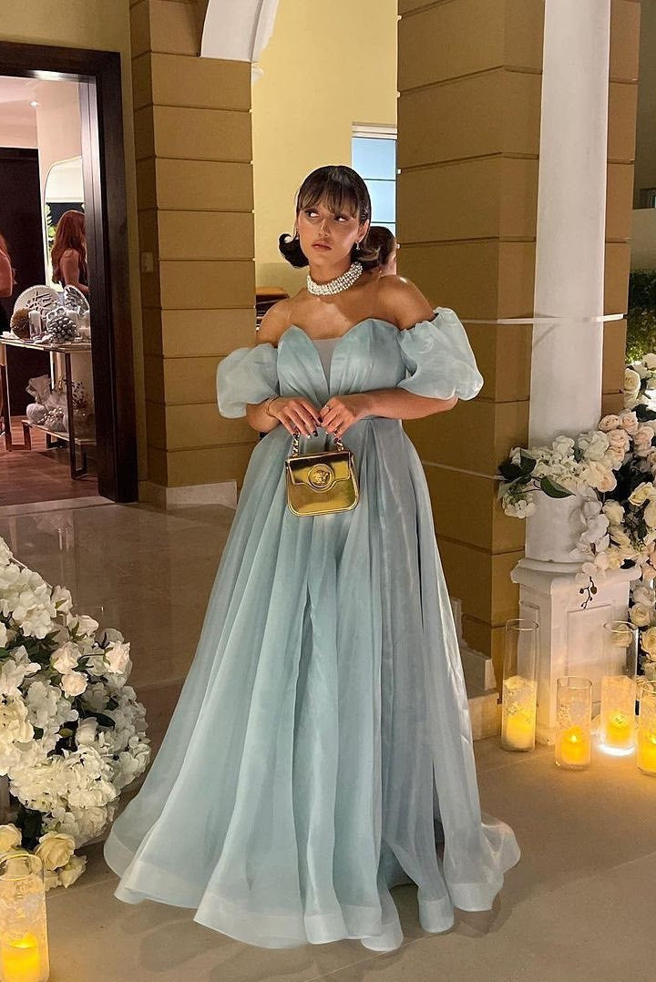 light blue organza dress Fairy Flower Off-Shoulder Sky Blue Organza Sheer Sleeve Prom Dress