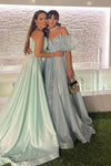 Dusty Blue Organza Long A Line Off The Shoulder Prom Gown
