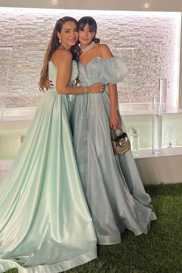 Dusty Blue Organza Long A Line Off The Shoulder Prom Gown