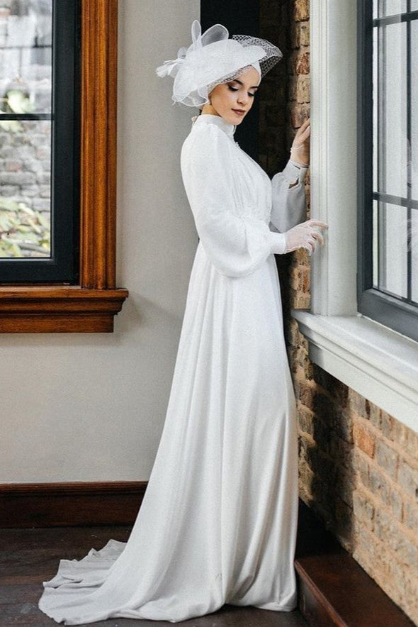 Long Sleeves A Line Soft Satin Muslim Wedding Dresses DQG1122