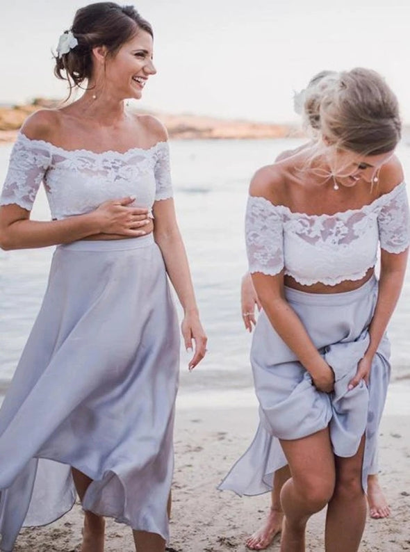 Two Piece Off-the-Shoulder Light Grey Bridesmaid Dress with Lace