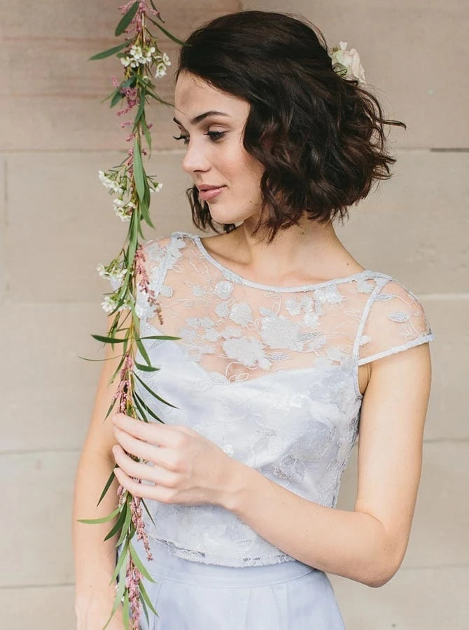 Two Piece Round Neck Light Blue Chiffon Bridesmaid Dress with Lace TANYA BRIDAL Two Piece Round Neck Light Blue Chiffon Bridesmaid Dress with Lace TANYA BRIDAL
