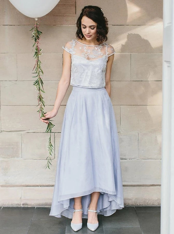 Two Piece Round Neck Light Blue Chiffon Bridesmaid Dress with Lace